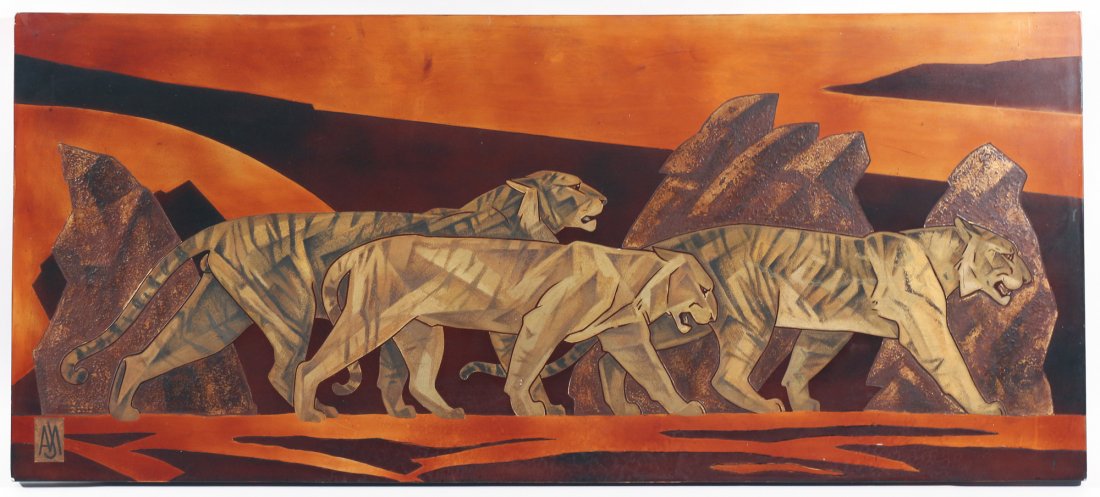 ART DECO POLYCHROMED WOOD PLAQUE CARVING OF TIGERS (1 of 6)