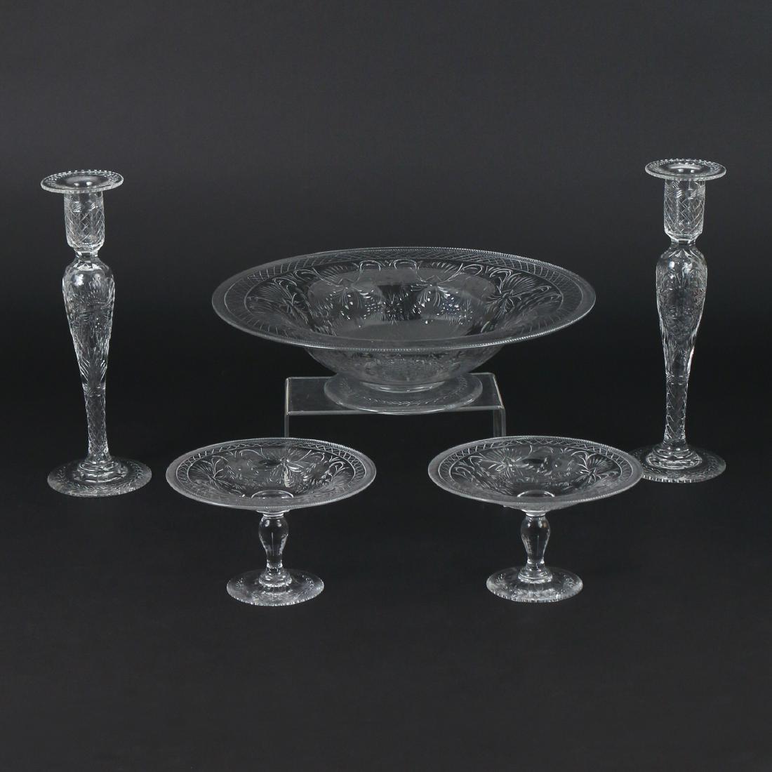 (5pc) FOSTORIA-TYPE ETCHED GLASS GARNITURE (1 of 4)