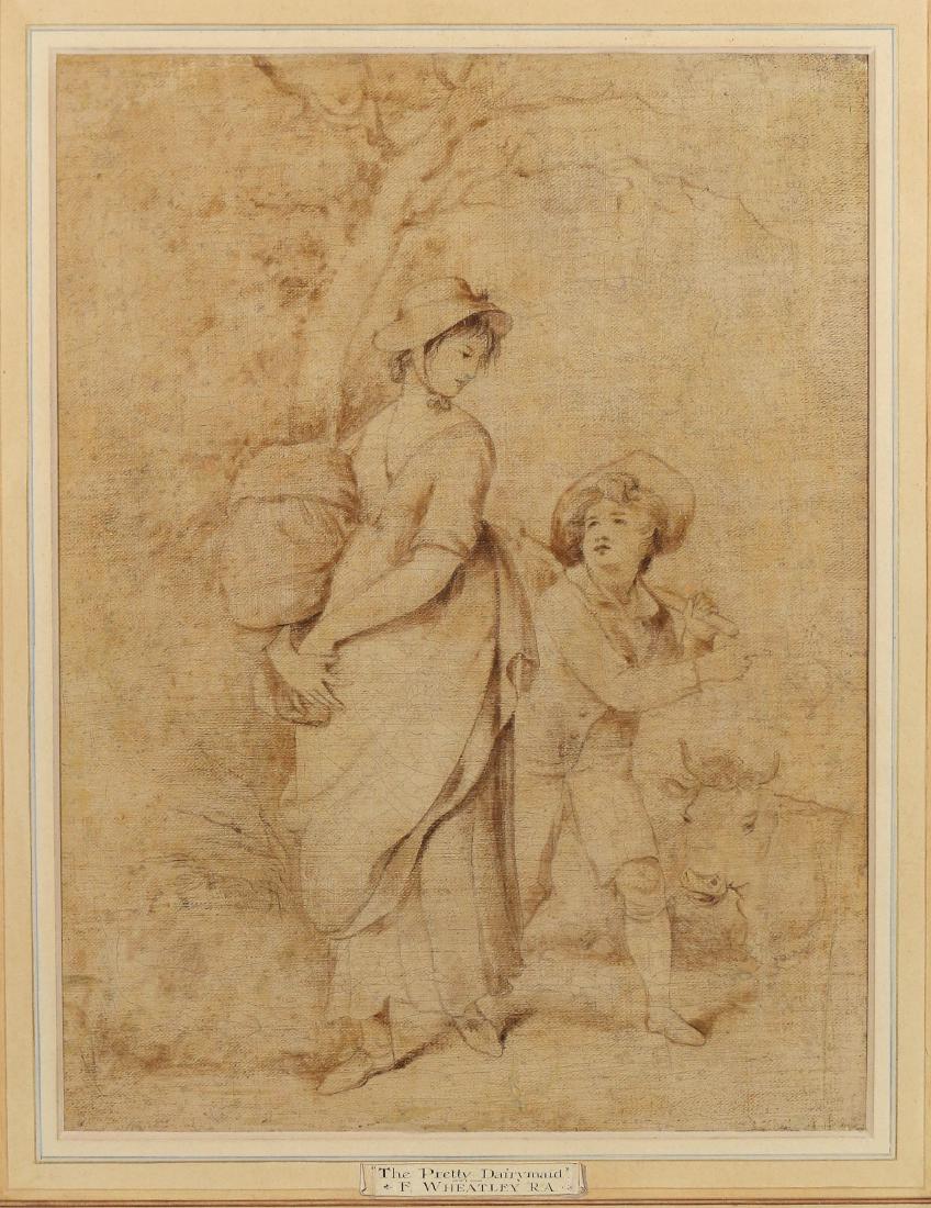 FRANCIS WHEATLEY (British, 1747-1801): The Pretty Dairymaid oil on canvas mounted on panel h. 13 w. 10 in. painted en grisaille, framed