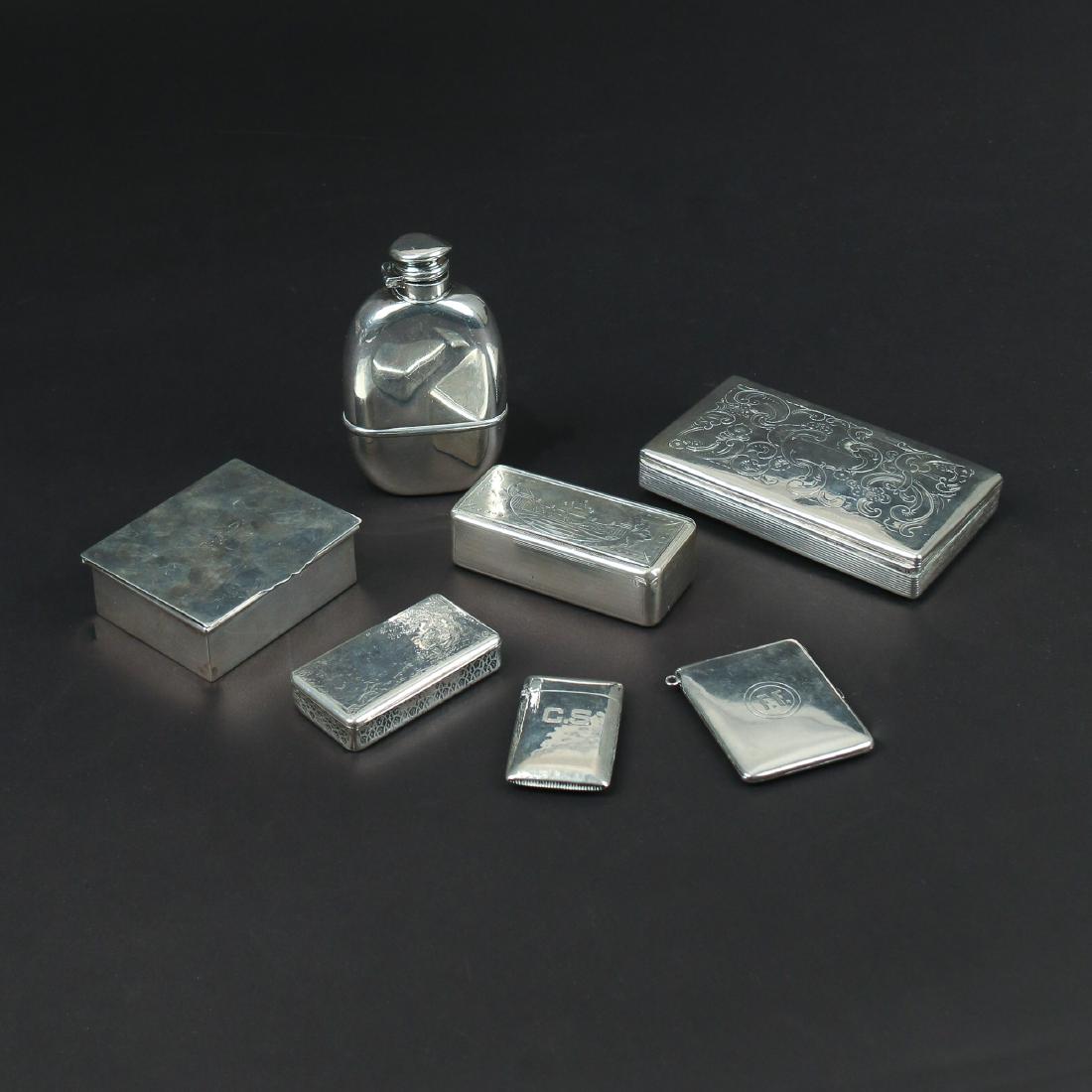 (7pc) MISC. SILVER BOXES & FLASK (1 of 6)