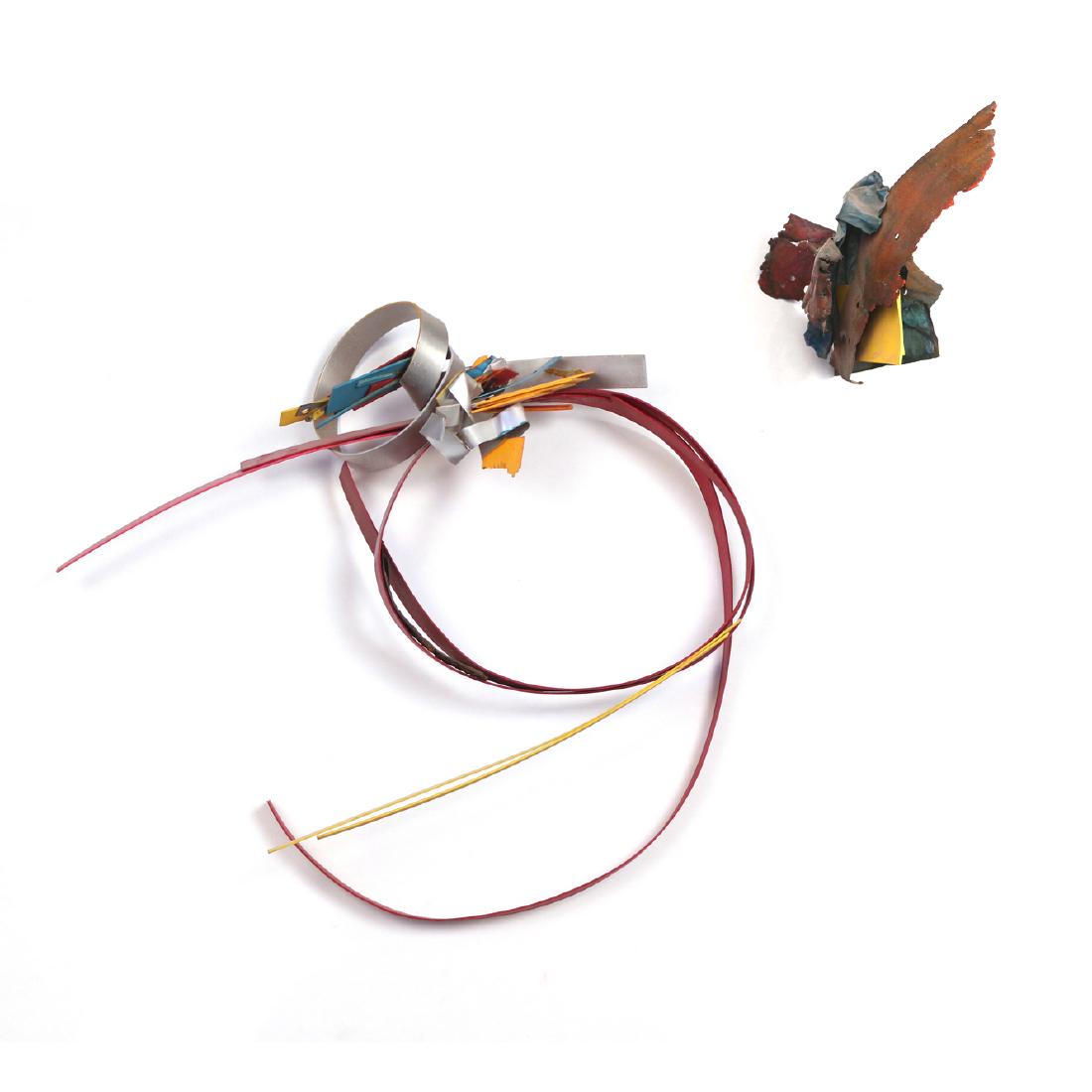 (2pc) SUSAN MANSPEIZER (American, 20th Century): Untitled (red bent steel), 1996 mixed medium sculpture h. 18 w. 20 d. 5 in. signed and dated; plus Untitled, 1989, enameled metal and wood, h. 8 w. 10 d. 10 in., signed and dated on verso“ [IN SITU]