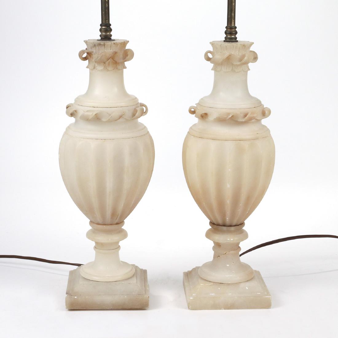 PAIR ALABASTER LAMPS: Urn form with carved ribbon decoration h. 22-1/2 w. 14-1/2 in.