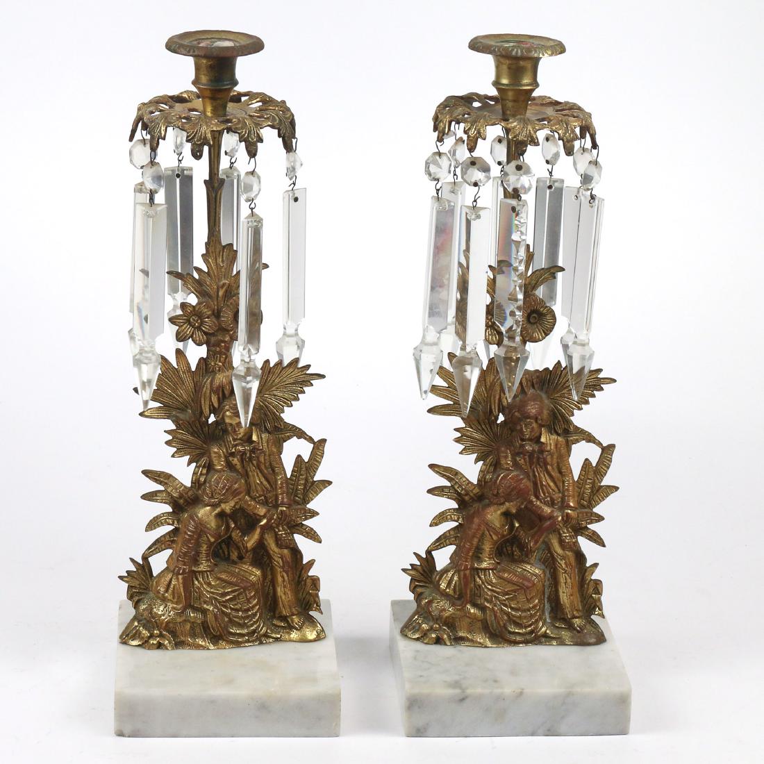 PAIR FRENCH BRASS & MARBLE CANDLESTICKS (1 of 2)