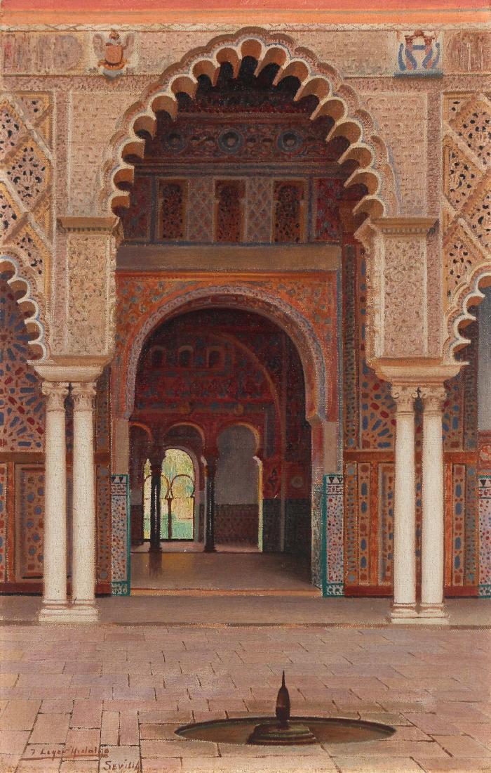 FERNANDO LIGER-HIDALGO (Spanish, 1880-1945): Fountain in a Moorish courtyard oil on canvasboard h. 15 w. 9-3/4 in. overall: 16-1/2 x 11-1/2 in. signed and inscribed 'Sevilla' lower left (artist sometimes misidentified as 'T. Liger-Hidalgo'), in 