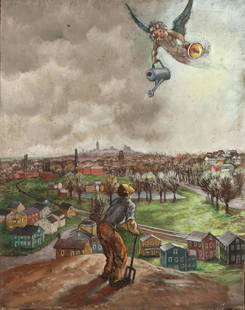 MOLLY LUCE (American, 1896-1986): An angel bringing light and water oil on canvas h. 20 w. 16 in. overall: 26-1/2 x 22-1/2 in. depicting an angel carrying water and light to a working man before a cityscape, signed lower left and date