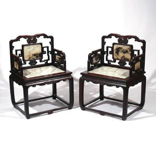 PAIR CHINESE HARDWOOD & MARBLE ARMCHAIRS: Late 19th/early 20th Century, with marble seats and inset dali marble splats h. 38 w. 26 d. 21 in. Provenance: Descended through a South Salem, NY family