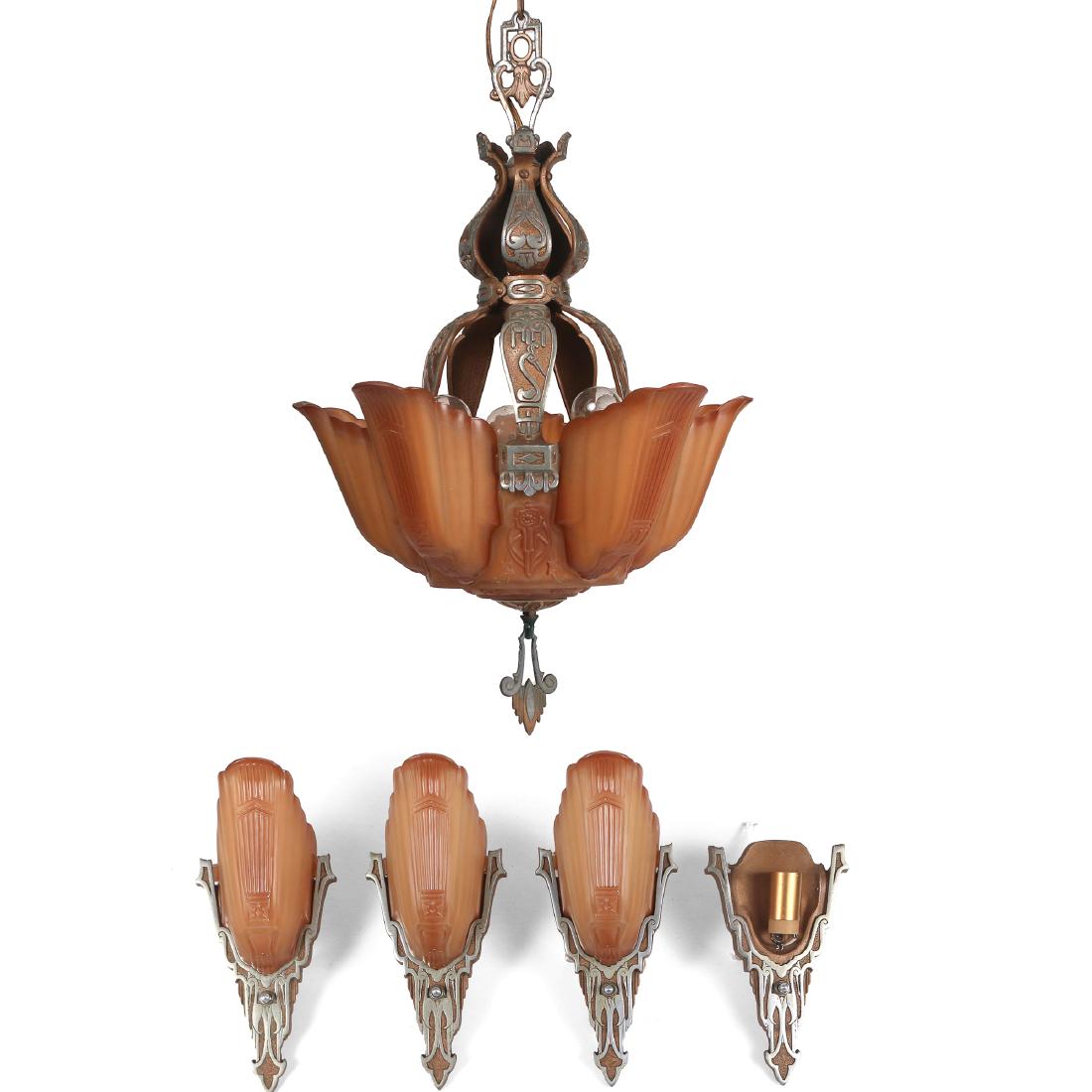 (5pc) ART DECO CHANDELIER & SCONCES (1 of 8)