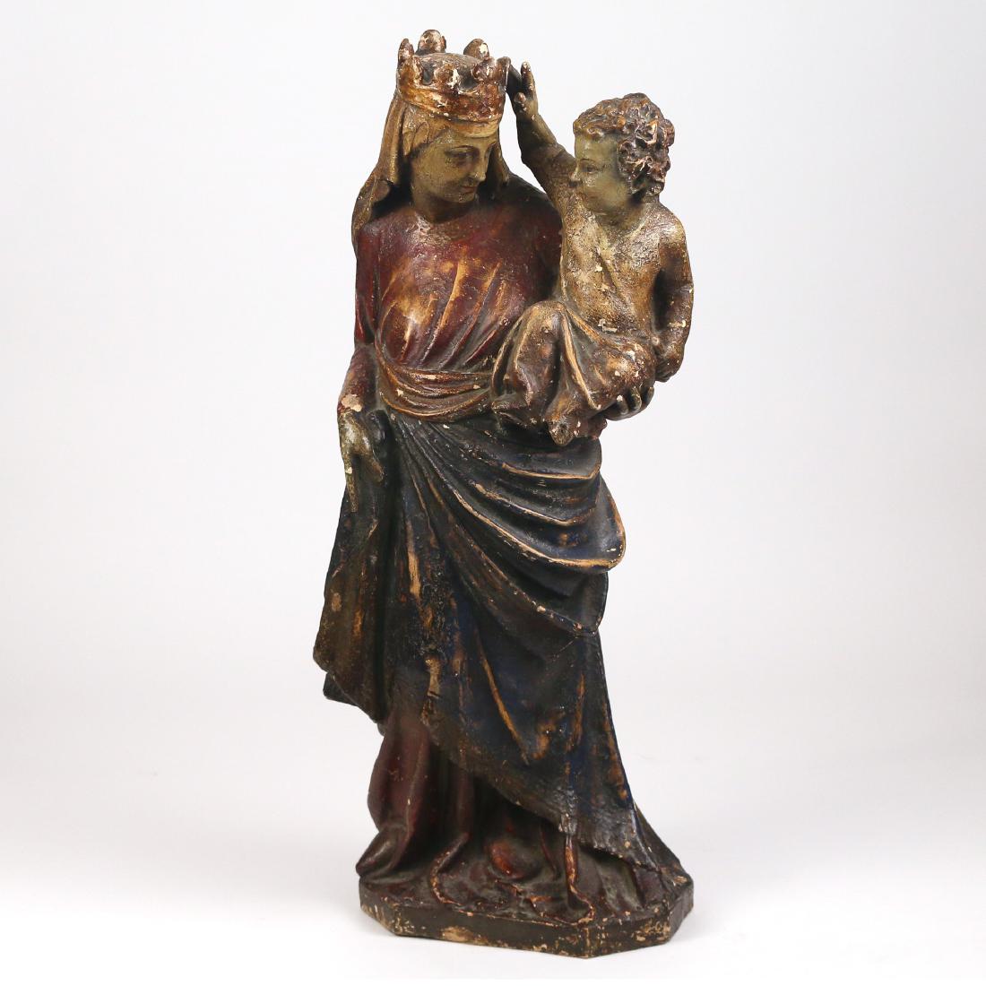 ITALIAN TERRACOTTA MADONNA & CHILD: 19th/early 20th Century, polychromed throughout, likely after a Renaissance master, stamped 'Made in Italy' and with stamp reading 'Ma / ni FarIv / Radisi...' h. 25-1/2 in.
