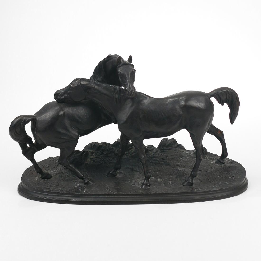 AFTER PIERRE JULES MENE (French, 1810-1879): L'Accolade (Two horses) patinated cast iron h. 7-1/2 w. 13 d. 5-1/4 in. stamped Ball, Black & Co., New York [IN SITU] Item not on view during preview as it is stored externally to the sale room