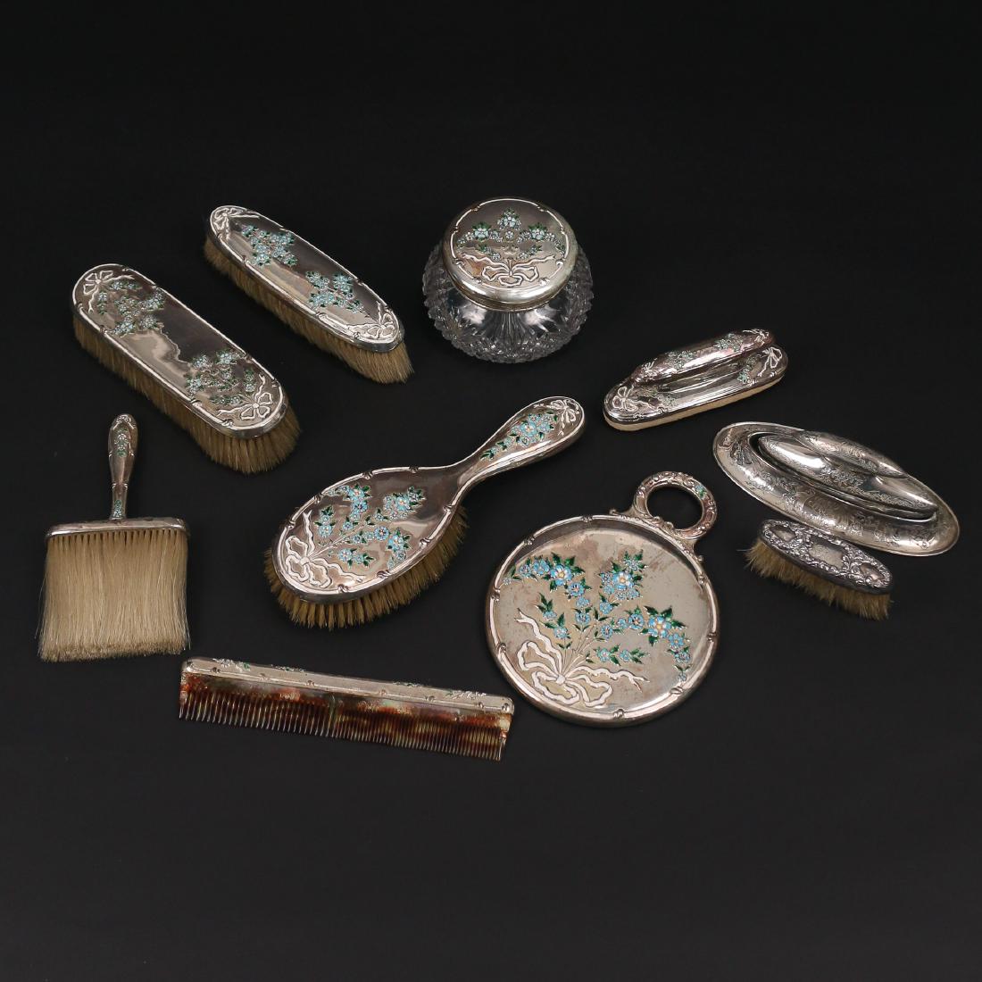 (11pc)  ENAMELED STERLING DRESSER SET & OTHER (1 of 6)