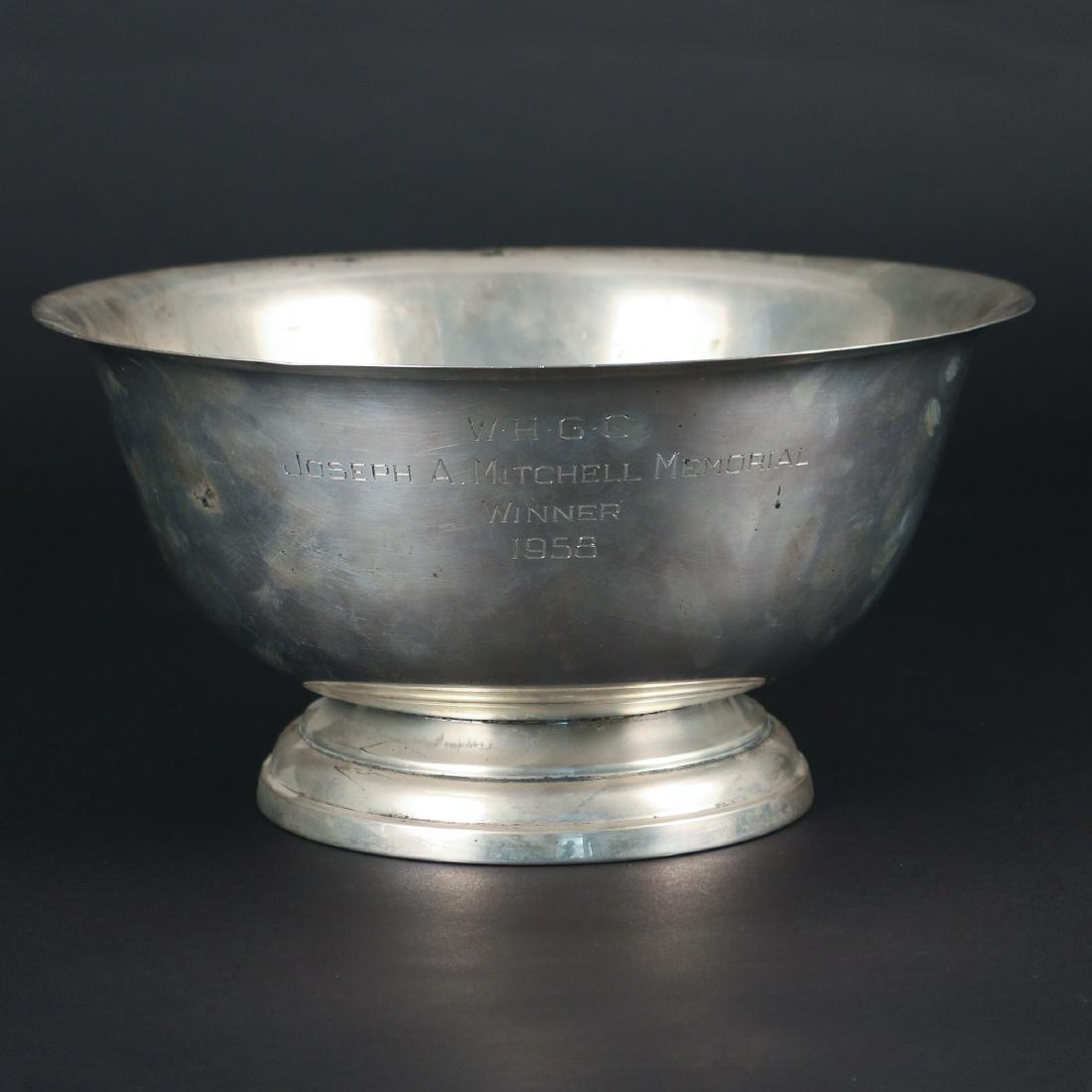 LARGE STERLING REVERE-STYLE CENTER BOWL: by Poole, with trophy inscription, 33 ozt h. 6 dia. 12 in.