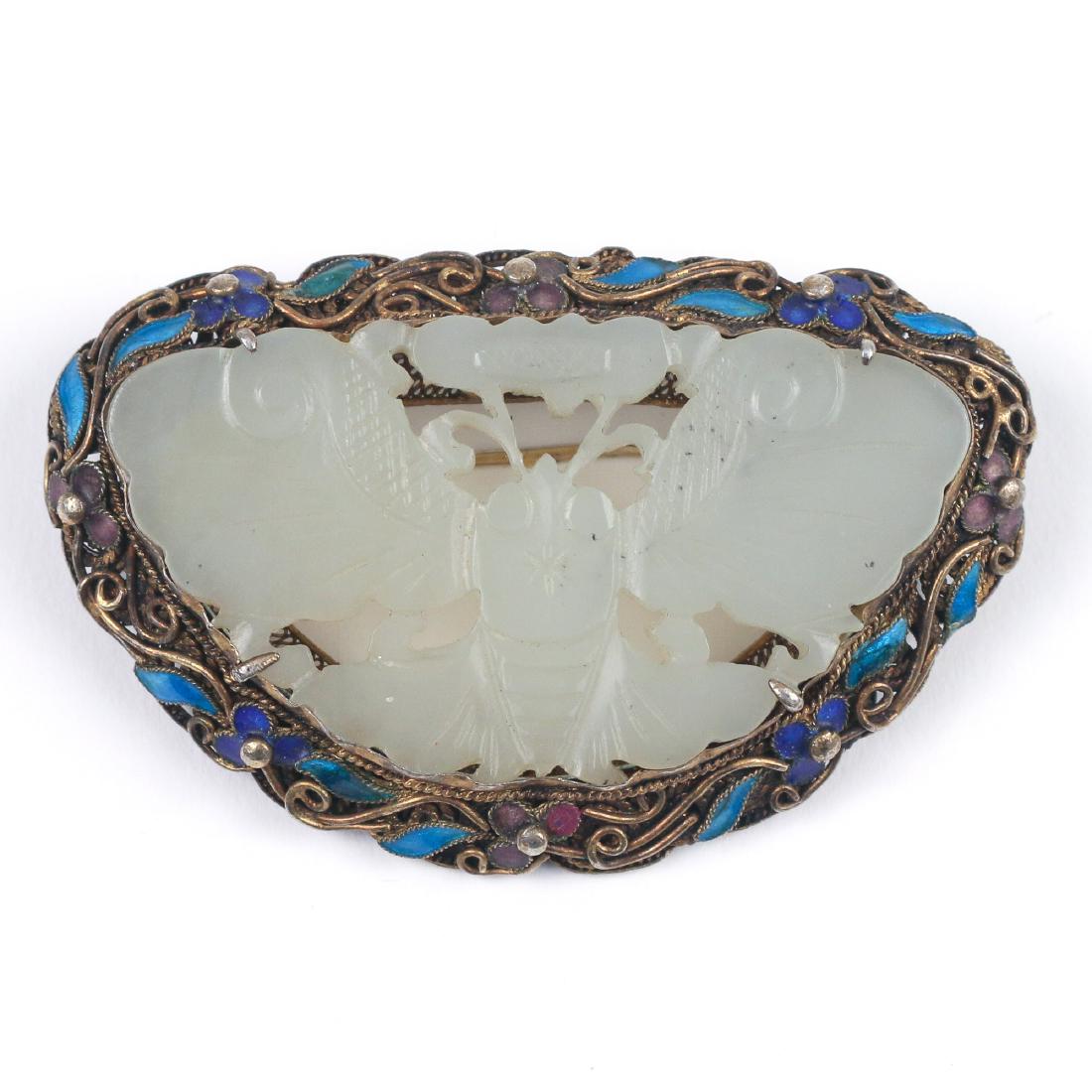CARVED JADE & SILVER ENAMEL PIN (1 of 5)