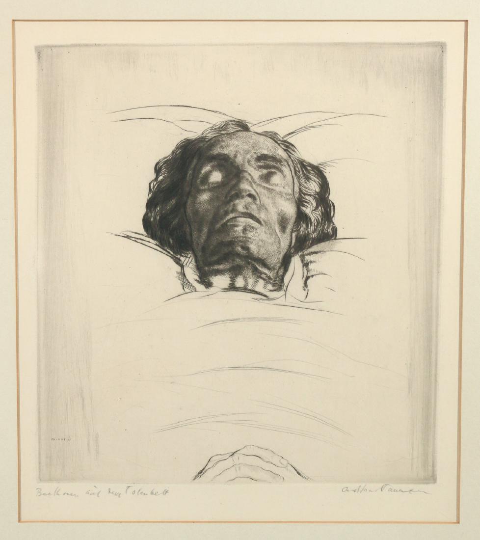 [BEETHOVEN] ARTHUR PAUNZEN (1890-1938): Beethoven auf dem Totenbett etching h. 10 w. 9 in. (plate) overall: 18-1/2 x 16 in. signed and titled in pencil lower margin, framed