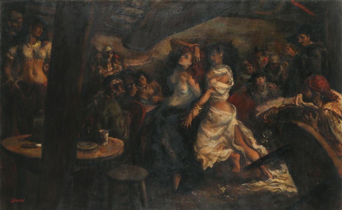 BENJAMIN STAHL (American, 1910-1987): Anne of the Surlees oil on canvas h. 26 w. 41 in. overall: 31 x 46 in. signed lower left, with old paper label for The Saturday Evening Post with title