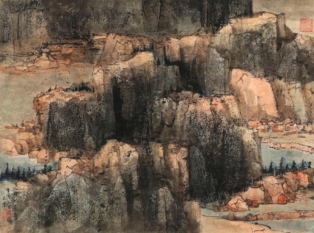 WANG JIQIAN [C.C. WANG] (Chinese, 1907-2003): Village in the mountains, 1974 watercolor on paper h. 18 w. 24-1/2 in. (sight) overall: 27 x 33 in. With two seals of the artist, one reading 'Wang Jiqian xi' ('The seal of Wang Jiqian'), the other a 