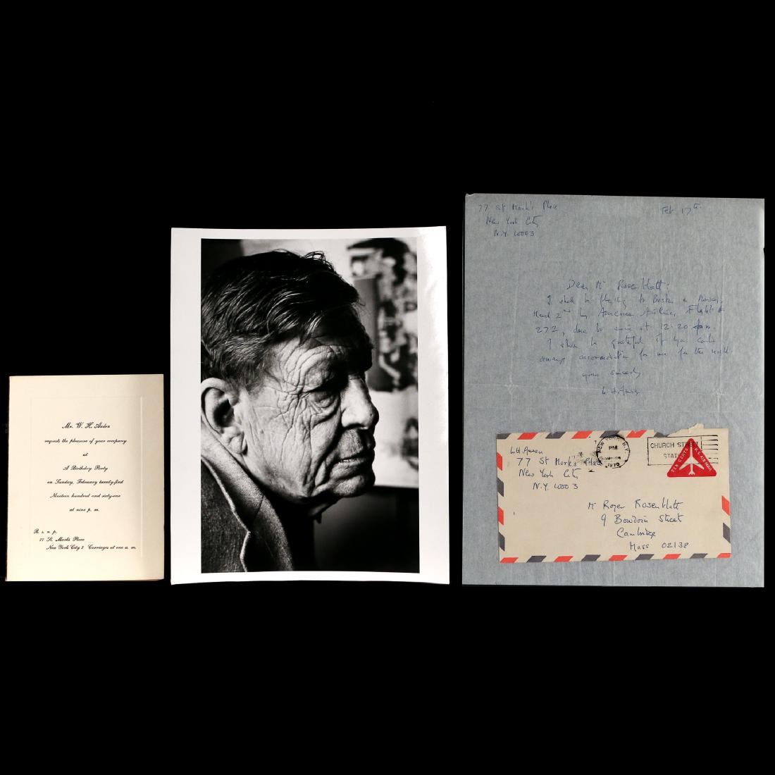 (3pc) W. H. AUDEN (American, 1907-1973): Including an autograph letter, signed 'W. H. Auden', 1 page, 4to, 77 St. Mark's Place, New York City, February 17th [postmarked 1970], to Mr. Roger Rosenblatt of Cambridge Mass., asking the recipient 