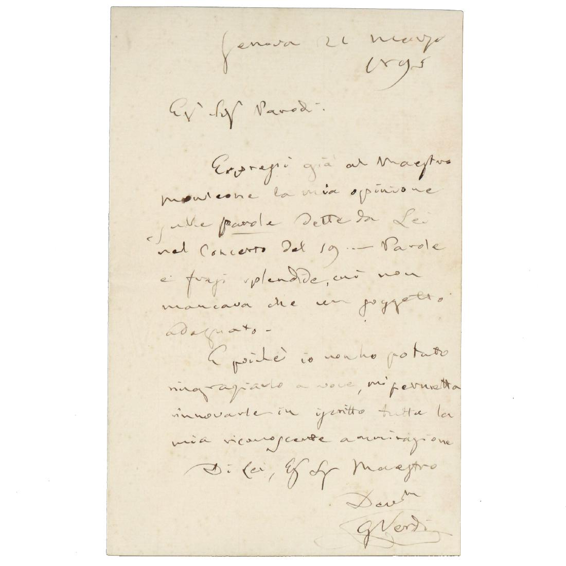 GIUSEPPE VERDI (Italian, 1813-1901): Autograph letter, signed 'G. Verdi', 1 page, 8vo, Genoa, March 21, 1895, in Italian, to Maestro Lorenzo Parodi, 'Esteemed Sir Parodi, I have already expressed to the Maestro Monleone [Domenico Monleon