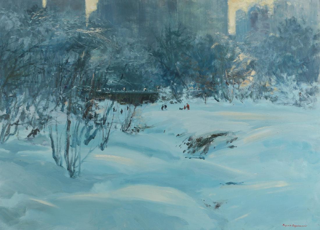 BOGOMIR BOGDANOVIC (American, 1923-2011): Central Park in Winter, NYC oil on board h. 26 w. 36 in. overall: 34 x 44 in. signed lower right, framed