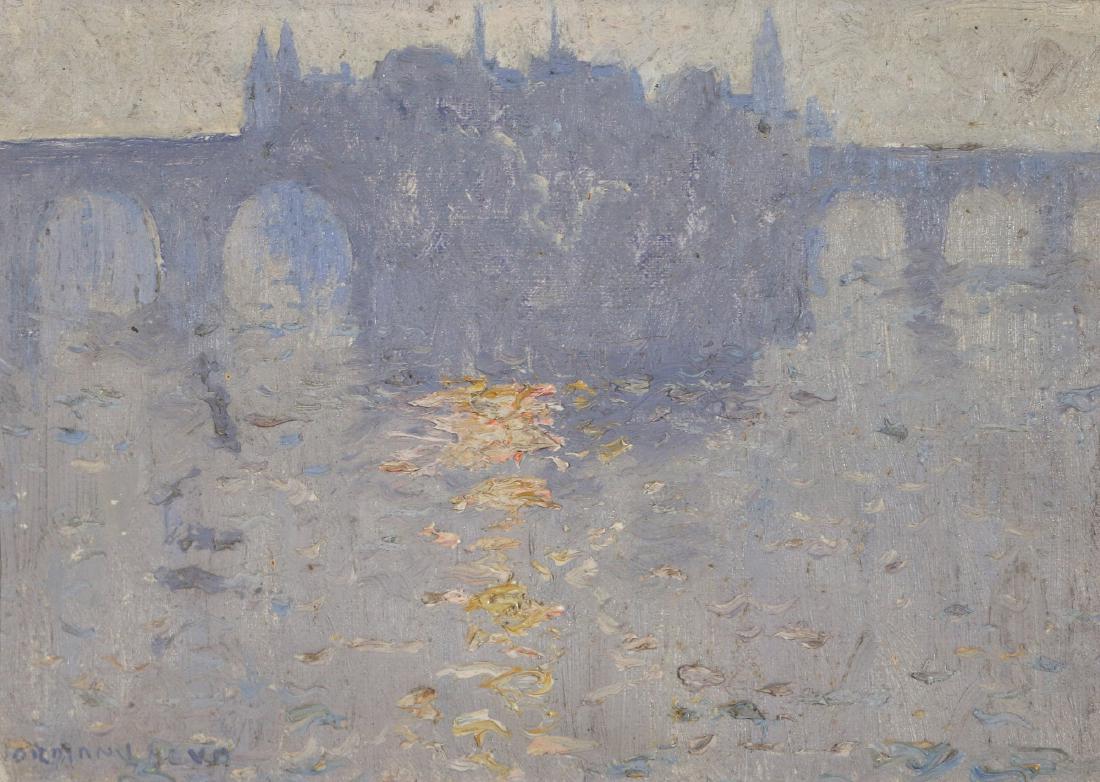 NORMAN LLOYD (Australian, 1895-1983): Bridge at twilight oil on canvas h. 7-3/4 w. 10 in. overall: 15 x 18 in. signed lower left mounted freely against board, no stretcher