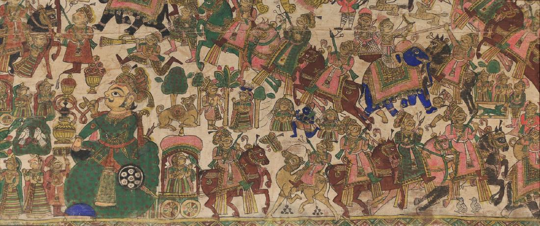 MUGHAL PAINTING ON CANVAS: 19th Century or earlier, depicting male and female figures (some mounted on horse or elephant) engaged in various activities h. 20 w. 49 in. fragmented, pasted on board