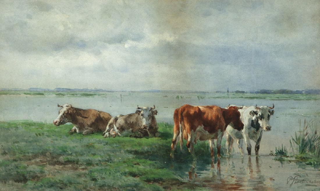 DUTCH SCHOOL, late 19th Century: Landscape with cows watercolor on paper h. 14 w. 23 in. (sight) overall: 26 x 35 in. signed "PF Loutzenhiser" lower right; in a period frame under glass some toning