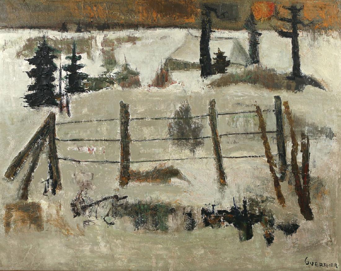 RAYMOND GUERRIER (French, 1920-2002): Snowy landscape oil on canvas h. 29 w. 36-1/2 in. overall: 31-1/2 x 39 in. Signed lower right