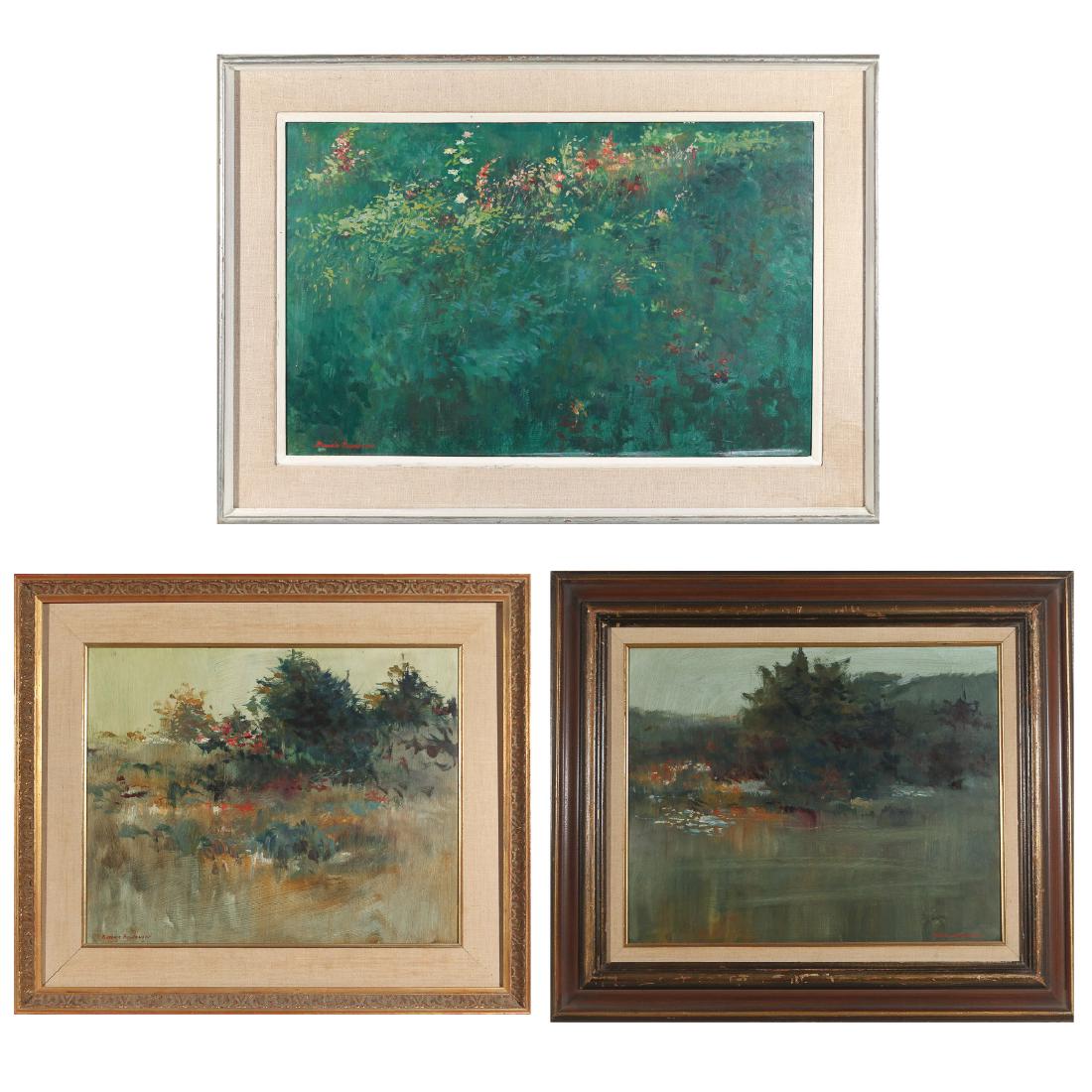 (3pc) BOGOMIR BOGDANOVIC (American, 1923-2011),: Three Summer Landscapes oil on board overall: 25-1/2 x 36 in. (largest frame) Including; flowers blooming in a field (19 x 29 in.) signed lower left [traces of white paint around edge]; a pond before