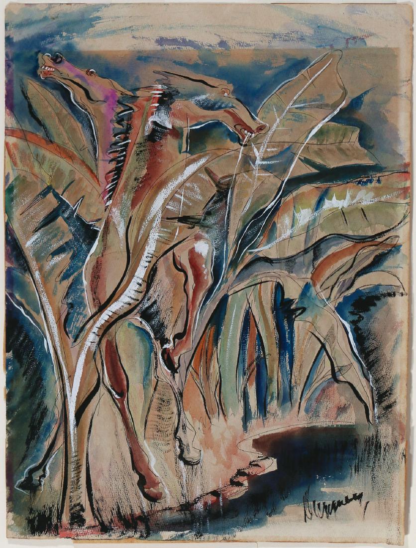 MODERNIST SCHOOL: Horses in landscape mixed media on paper h. 16-1/2 w. 12-1/2 in. (sheet) overall: 23 x 19-1/2 in. (framed) signed illegibly lower right (possibly Georg Meistermann (1911-1990))