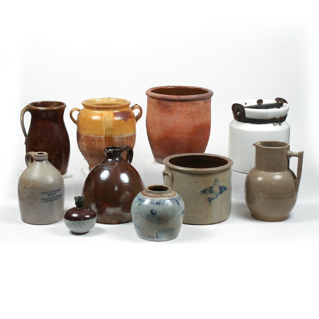 (10pc) MISC. LOT OF AMERICAN STONEWARE: most pieces 19th Century, including a redware vase with glazed interior; a 1-1/2 quart stoneware crock with blue slip decoration; a Paul O. Abbe Inc. white glazed humidor; an M. Woodruff / Cortland st