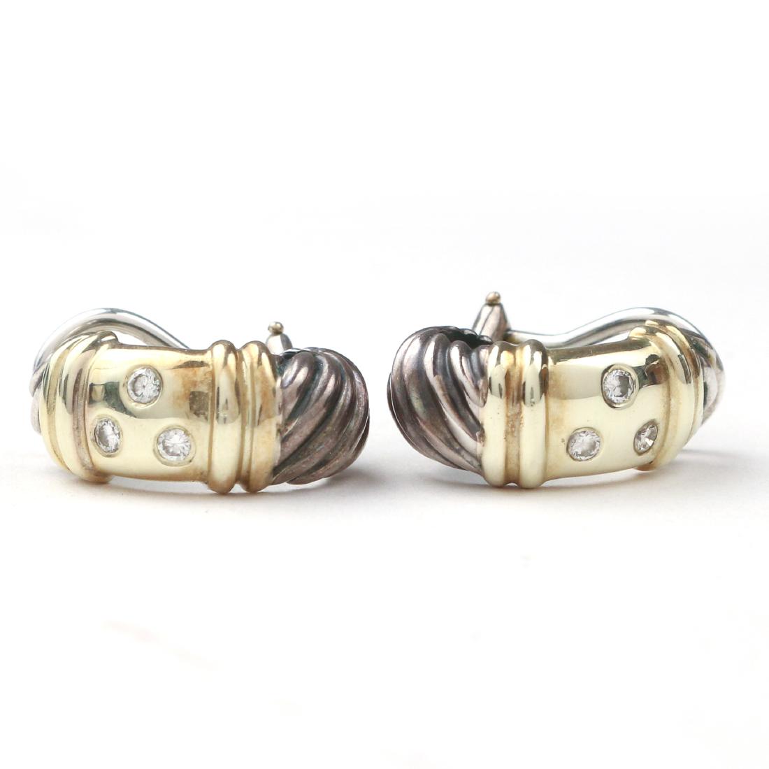 DAVID YURMAN DIAMOND, GOLD, & SILVER EARRINGS: Designed as 14k gold and sterling silver twisted gold cuffs mounting 6 melee diamonds, pierced omega backs, 3/4 in., 9.0g, marked "DY" Provenance: From the collection of a Greenwich, CT lady