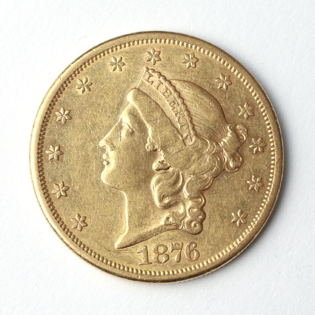 1876 LIBERTY GOLD DOUBLE EAGLE ($20): 1876-S, Type II, American twenty dollar gold piece; James B. Longacre, 34.4mm diameter, 33.4g