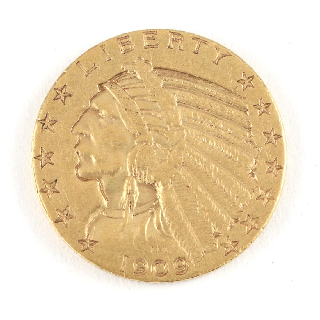 1909 INDIAN HEAD 5 DOLLAR GOLD PIECE: dia. 21.5mm, 8.3g appears to be in very good condition, found in ring box
