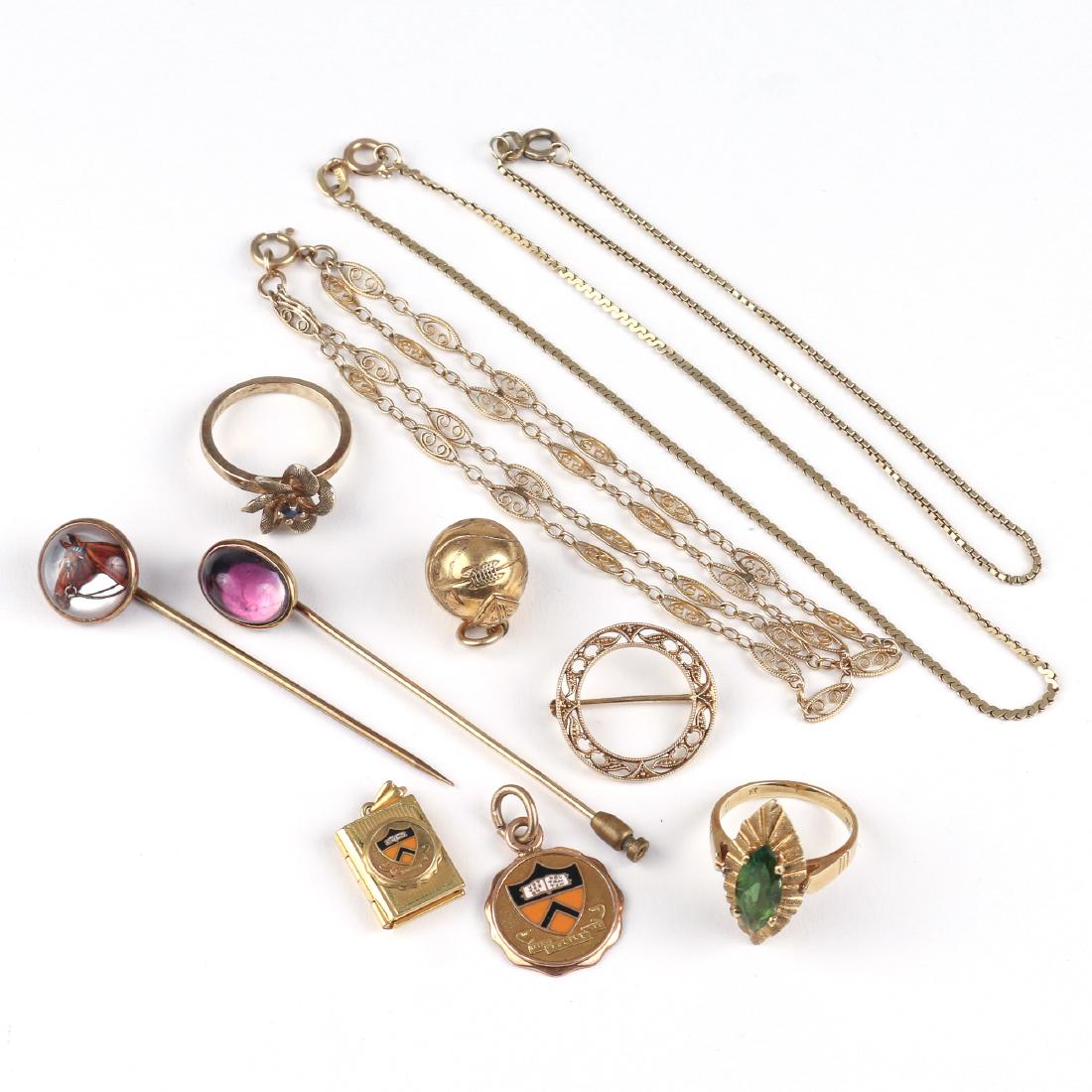 (11pc) MISC. GOLD & OTHER JEWELRY: Including an engraved 18k gold ring with a marquise cut peridot (size 5-1/4, 4.6g), two 14k gold chain bracelets (one 7 in, one 10 in., together 3.7g), a 14k bracelet with ropeworking links (7 in., 3.