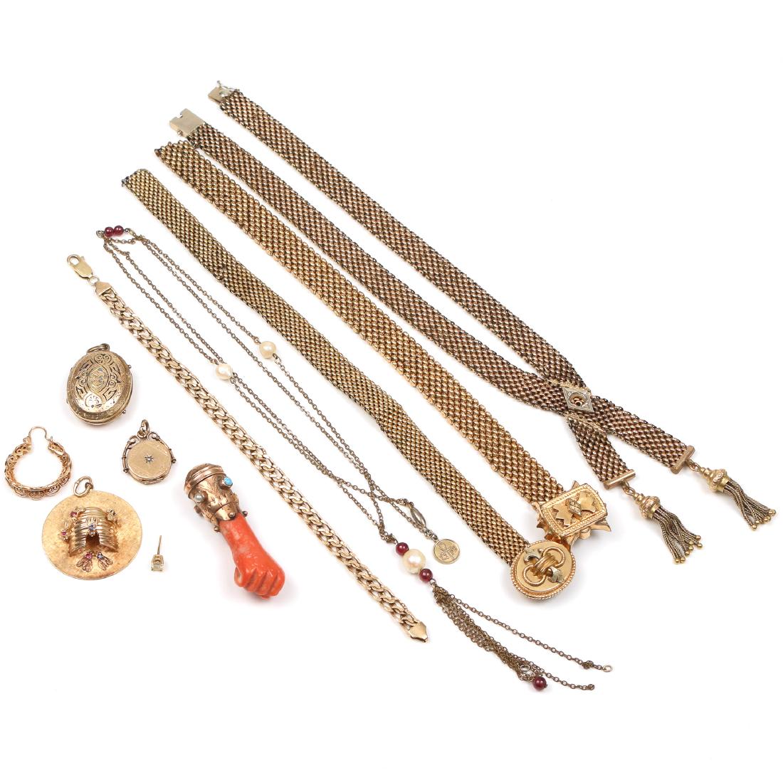 MISC. GOLD JEWELRY: Mostly 14k, including a carved red and white coral hand mounted in engraved 14k gold with turquoise and pearls (2-1/4 in., 17.1g), a single stud earring, a wirework gold hoop earring, a gold locket wi