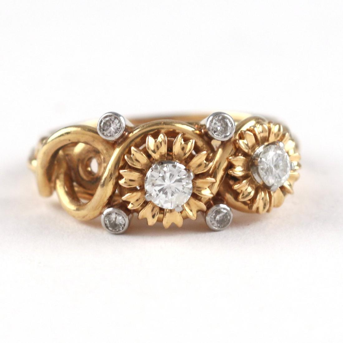 ANTIQUE DIAMOND & GOLD RING EN TREMBLANT: Designed as round brilliant diamonds set in flower form surrounds and loosely mounted to a gold ropework gallery, tested to 18k, size 7-1/4, 6.2g missing one stone and en tremblant flower setting