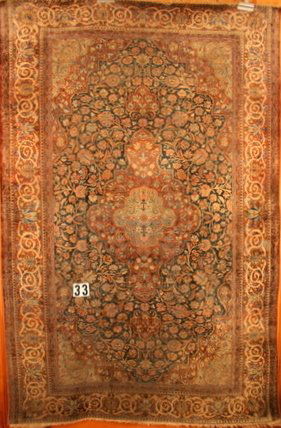 33) ANTIQUE SAROUK FARAHAN SILK , 2 SHORT END : 33) ANTIQUE SAROUK FARAHAN SILK , 2 SHORT END BORDERS, 4' 4" X 6' 8";