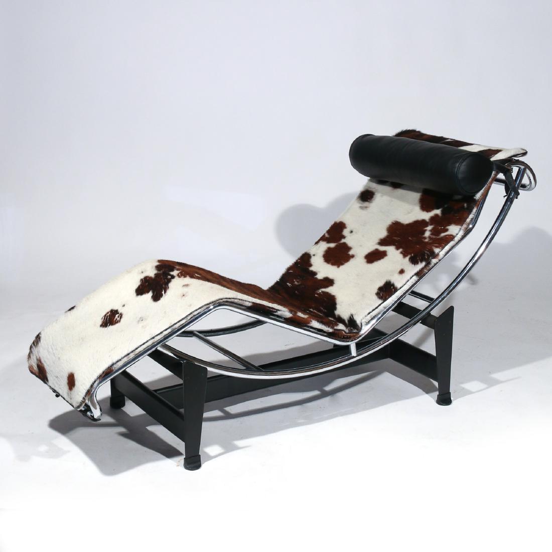 Le CORBUSIER LC-4 LOUNG CHAIR: chrome, steel, cowhide and leather h. 30 w. 62 d. 23 in. (approx.) All item markings and signature on underside. Click here to view addi