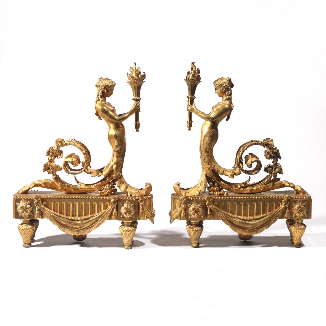 PAIR FRENCH FIGURAL GILT BRONZE CHENETS (1 of 9)