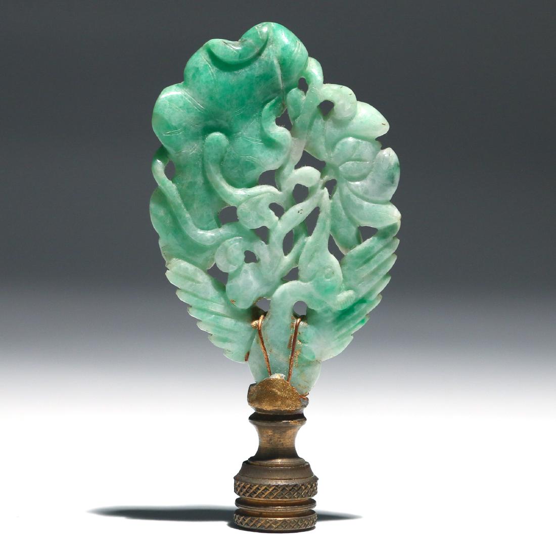 CHINESE CARVED GREEN JADE PHOENIX & LOTUS GROUP (1 of 4)