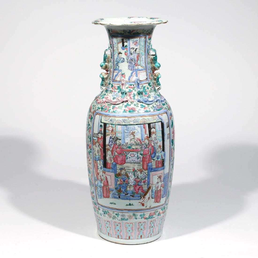 FAMILLE ROSE PORCELAIN FLOOR VASE: 19th century, decorated with birds perched among blossoms and leaves, various scenes in rectangular reserves, shoulders with applied dragons and foo dogs h. 24-1/4 dia. 10 in.