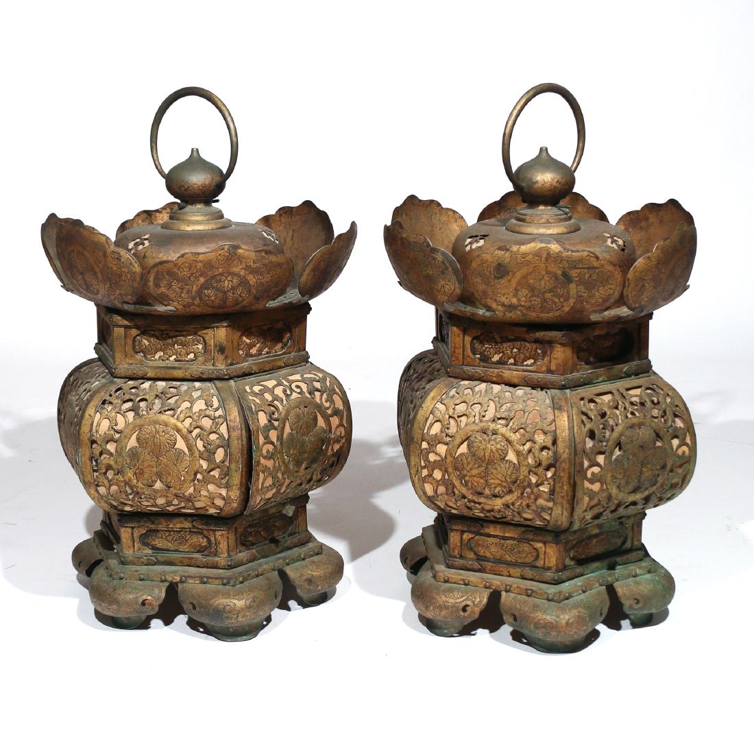 PAIR LARGE CHINESE GILT METAL LANTERNS (1 of 9)