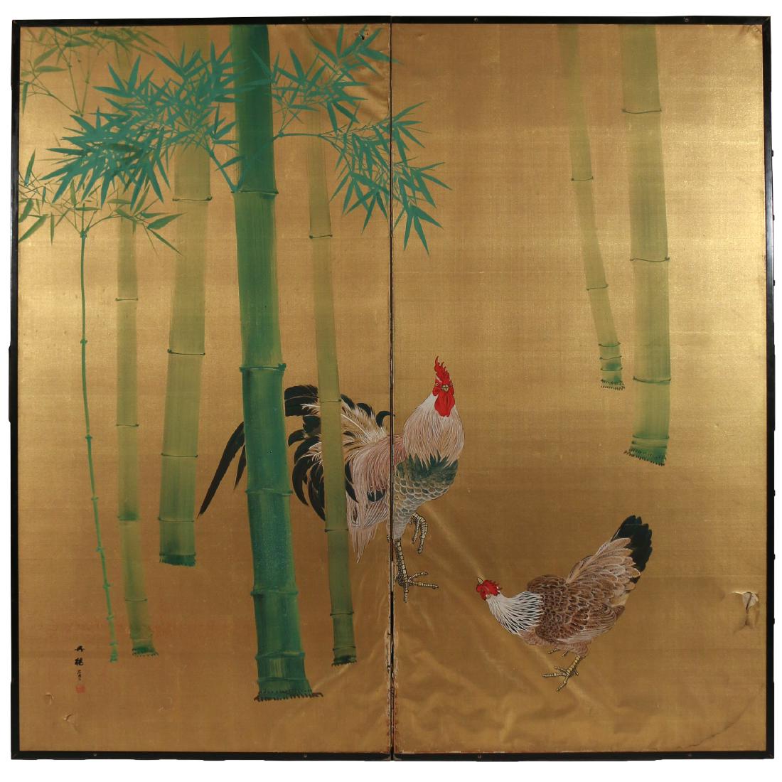 JAPANESE TWO-PANEL PAINTED FLOOR SCREEN (1 of 8)