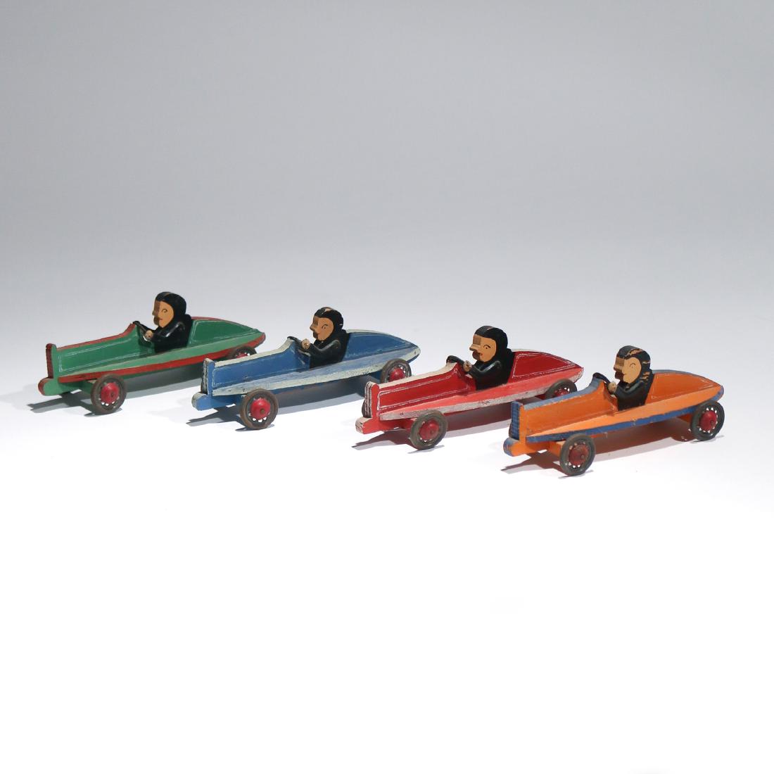 (4pc) PORTUGUESE CARVED WOOD PENNY RACING CARS (1 of 3)