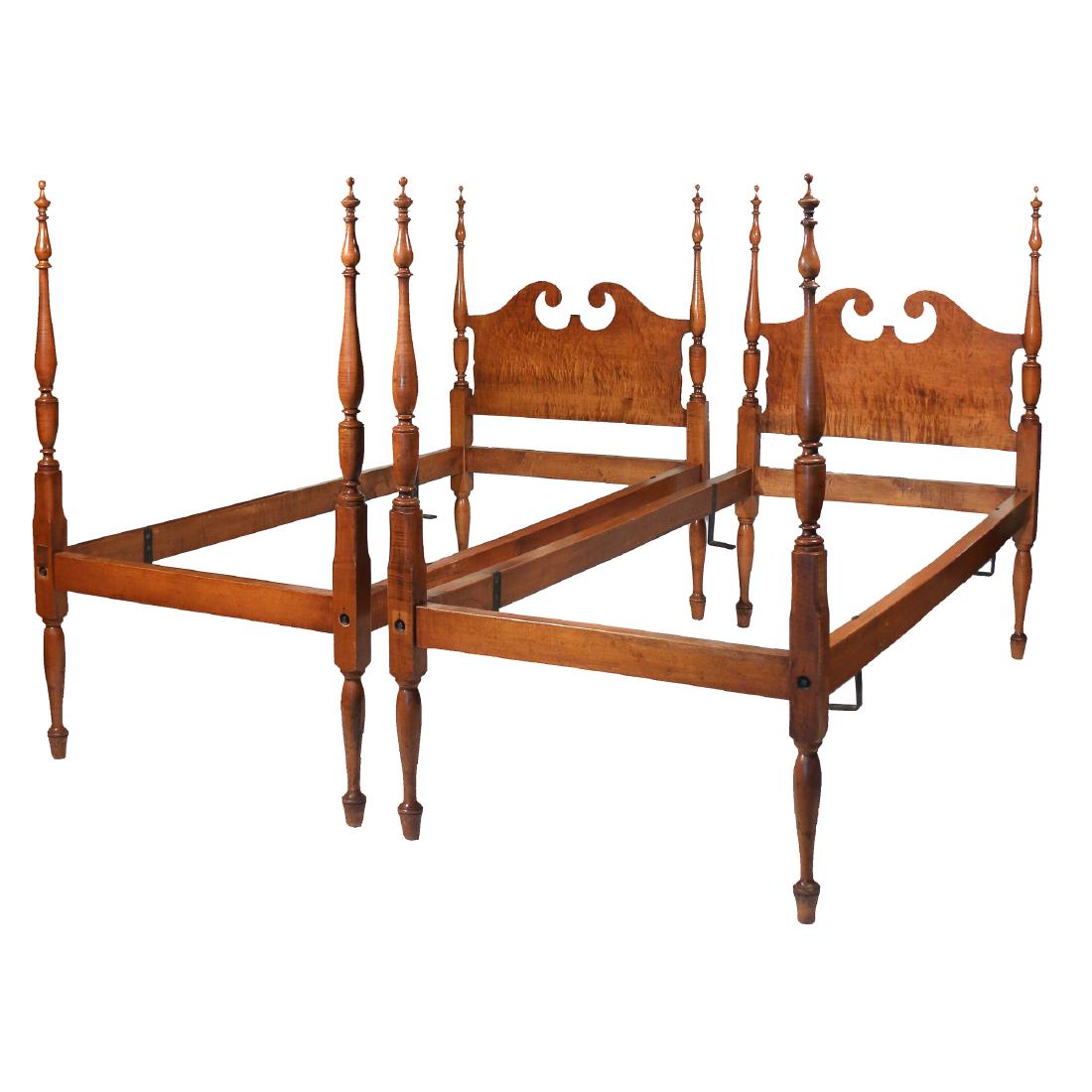 PAIR ANTIQUE TIGER MAPLE TWIN BEDSTEADS (1 of 8)