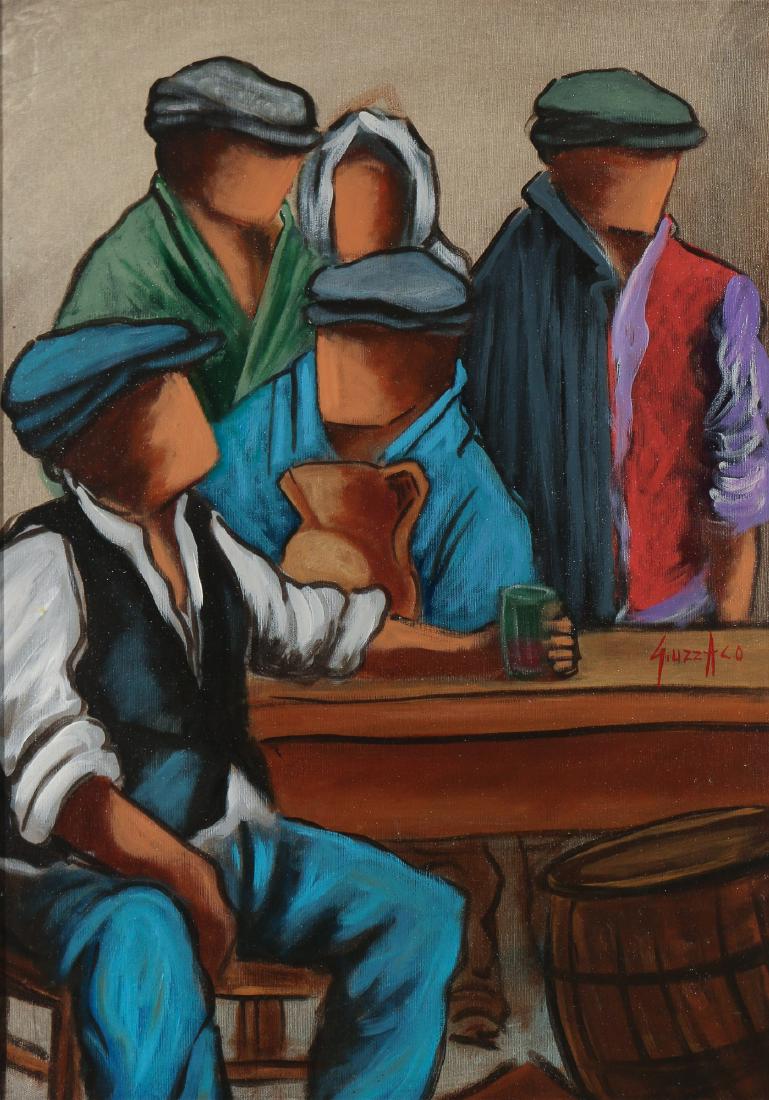 GIUSEPPE UZZACO (Italian, 1932-): Figures at a table oil on canvas h. 27-1/2 w. 19-3/4 in. overall: 33-1/2 x 25-1/2 in. signed lower right, framed