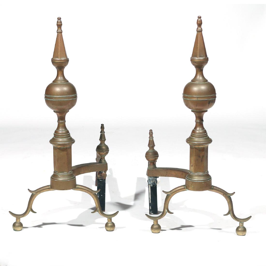 PAIR ANTIQUE BRASS STEEPLE ANDIRONS (1 of 4)