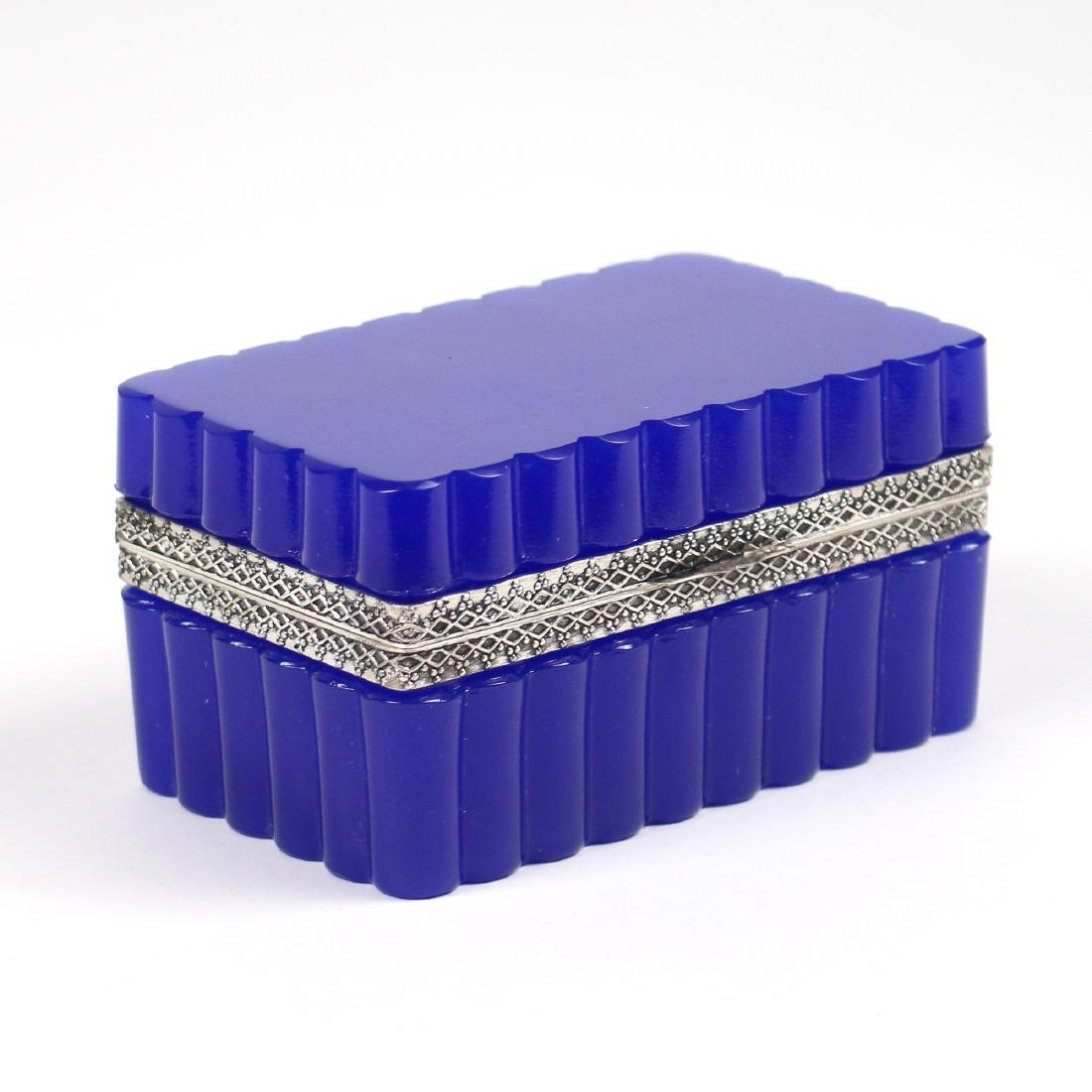 BLUE OPALINE GLASS JEWELRY CASKET: with (probably) silver mounts, no apparent makers mark h. 2-1/2 w. 5-1/2 d. 2-3/4 in.