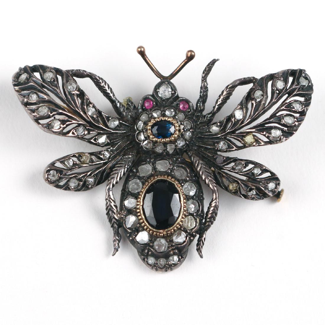EARLY SAPPHIRE, DIAMOND, SILVER & GOLD BEE PIN (1 of 4)
