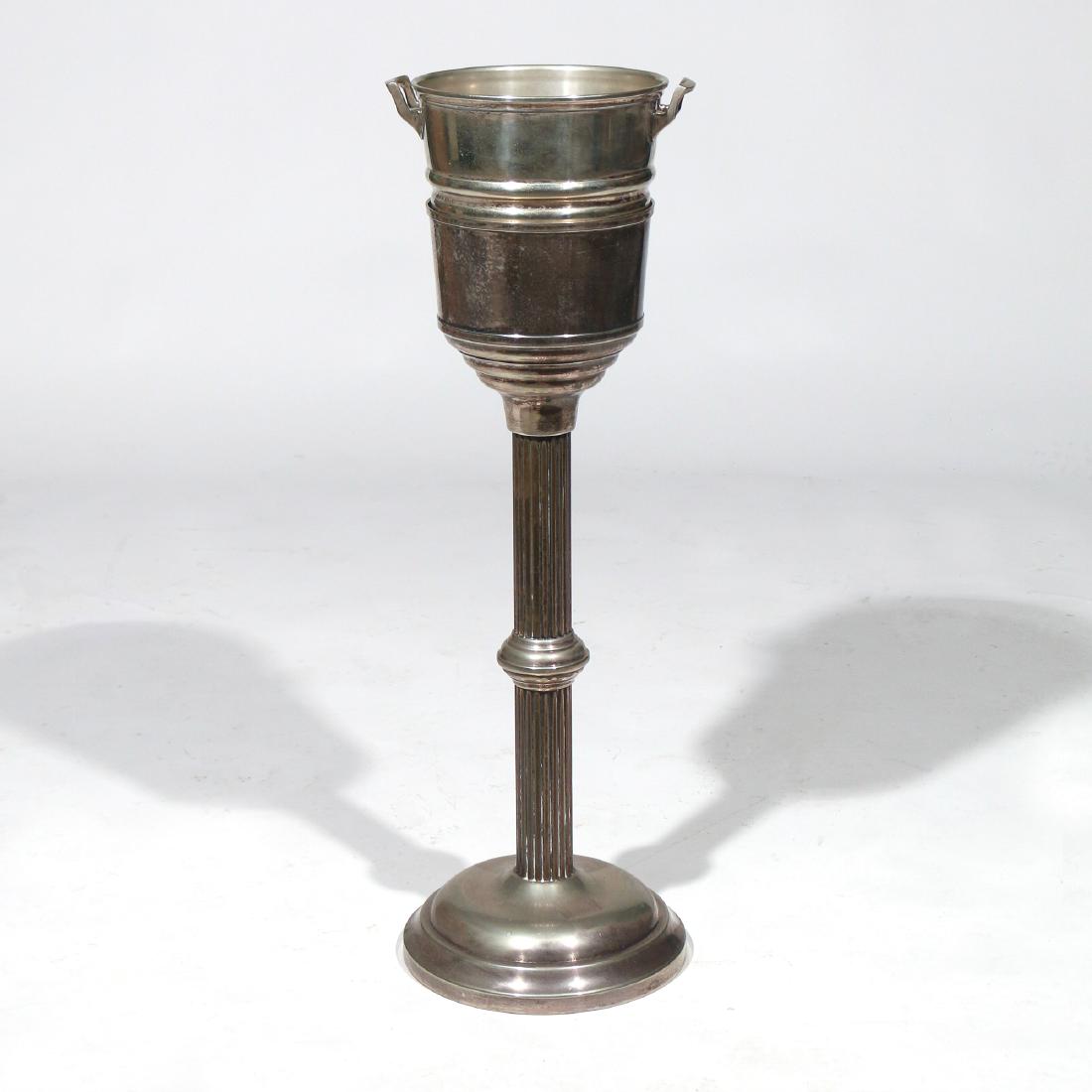 SILVER PLATED WINE COOLER ON STAND: Mkd. Grand Silver Co., & Wear Brite, double handled wine cooler (h. 8-1/2 x dia. 8-1/2, bucket) with a fitted silverplated reeded column stand (h. 27-1/2 x 10 in., column) overall: h. 31-1/2