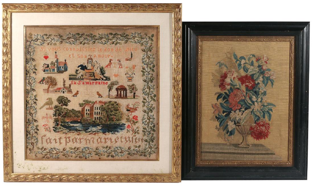 (2pc) ANTIQUE EMBROIDERIES: including a split-tapestry weave embroidery of a vase of flowers, 19 x 14-1/2 in. (sight); and a French sampler with several buildings and French inscription 'la Samaritaine', 21 x 21 in. (sight); bot